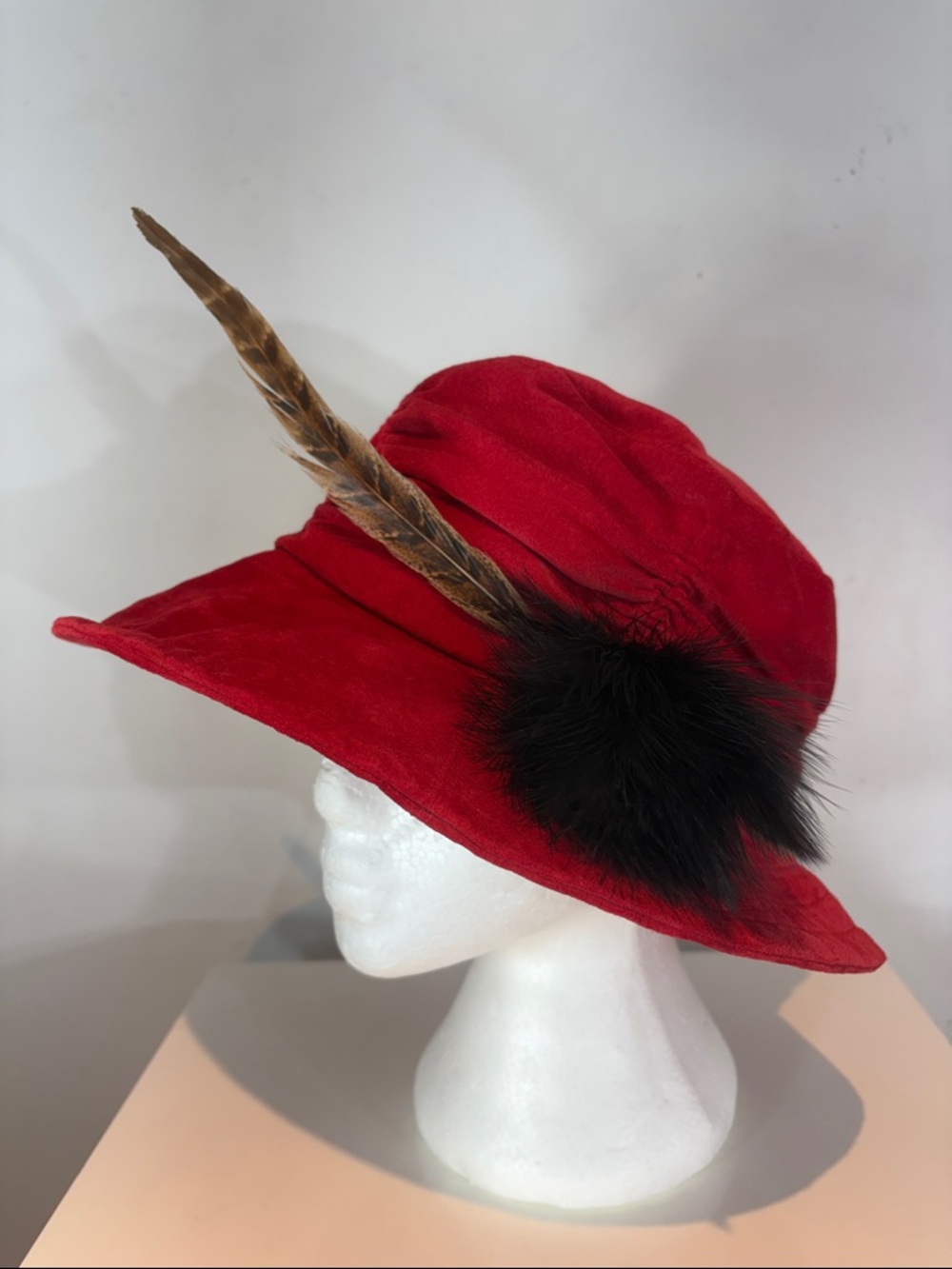Vintage Holt Renfrew Red Suede Hat Feather Trim Wide Brim Statement